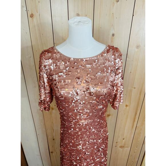 Vtg BCBGMaxAzaria Rose Pink Full Sequin Short Sleeve Low Back Long Gown Formal M - Picture 2 of 6